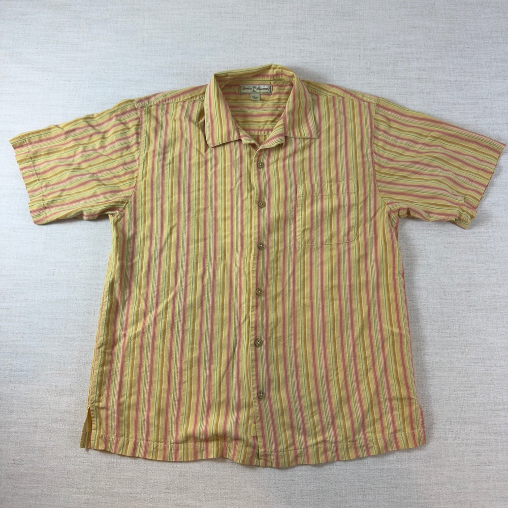 Tommy Bahama Mens Large 100% Silk Short Sleeve Button Down Stripe Shirt Yellow